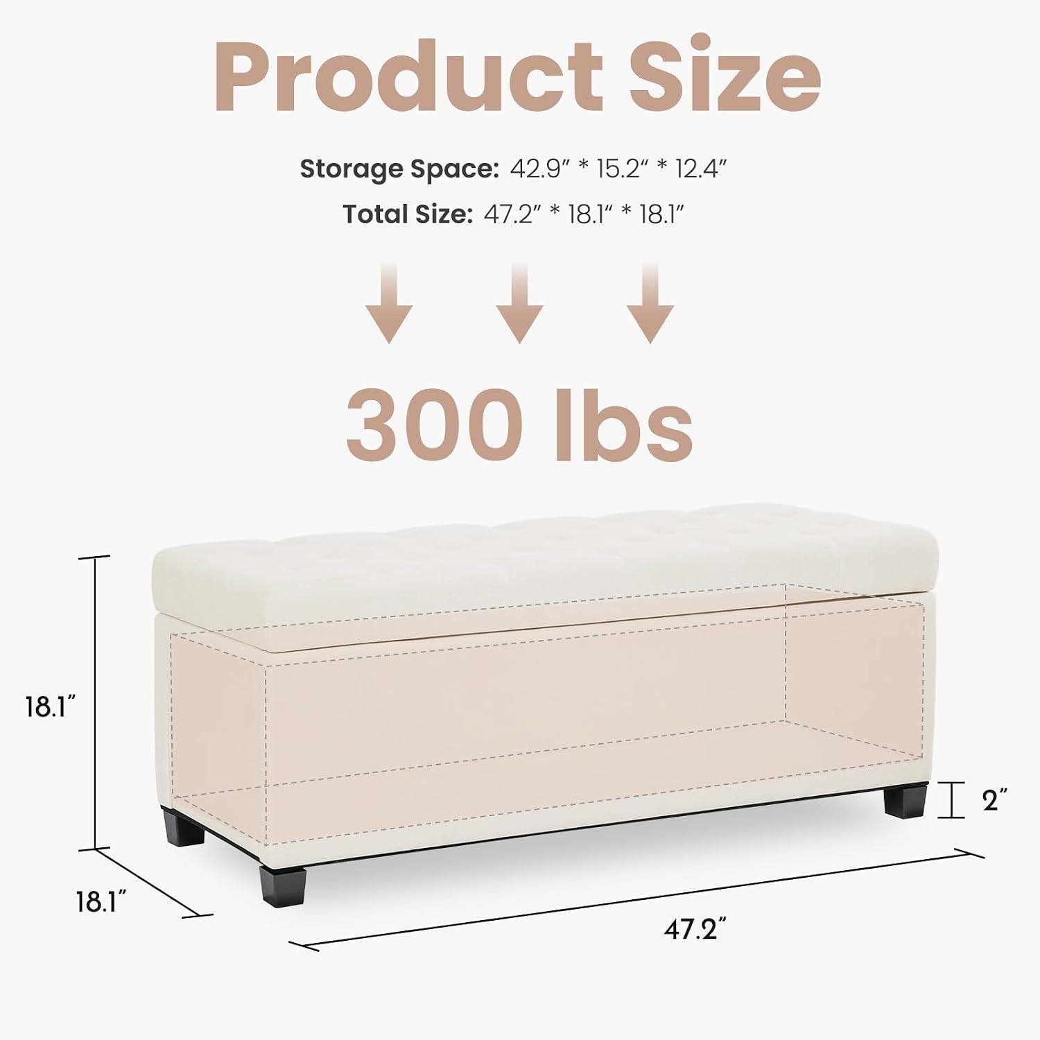 Ivory Tufted Safety Hinge Storage Ottoman Bench