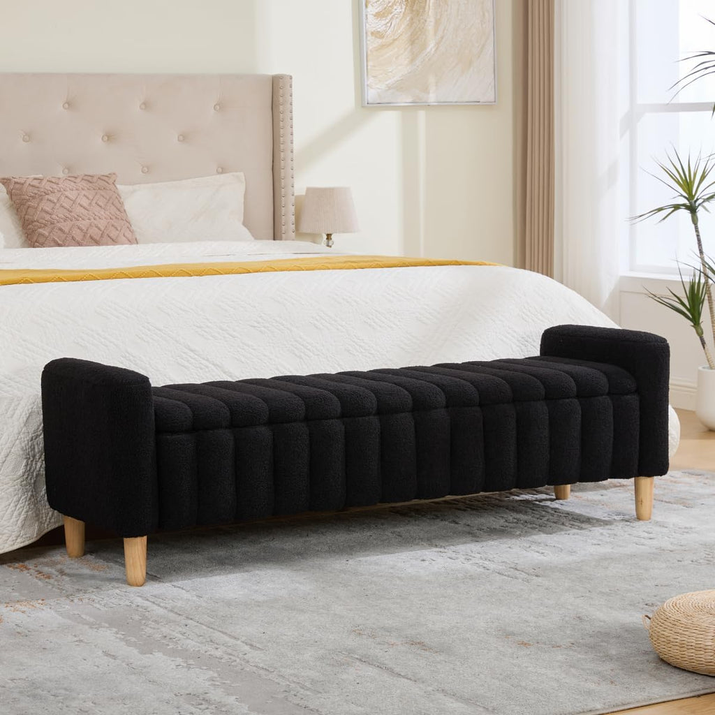 Black Wave Tufted Arm Storage Ottoman Bench