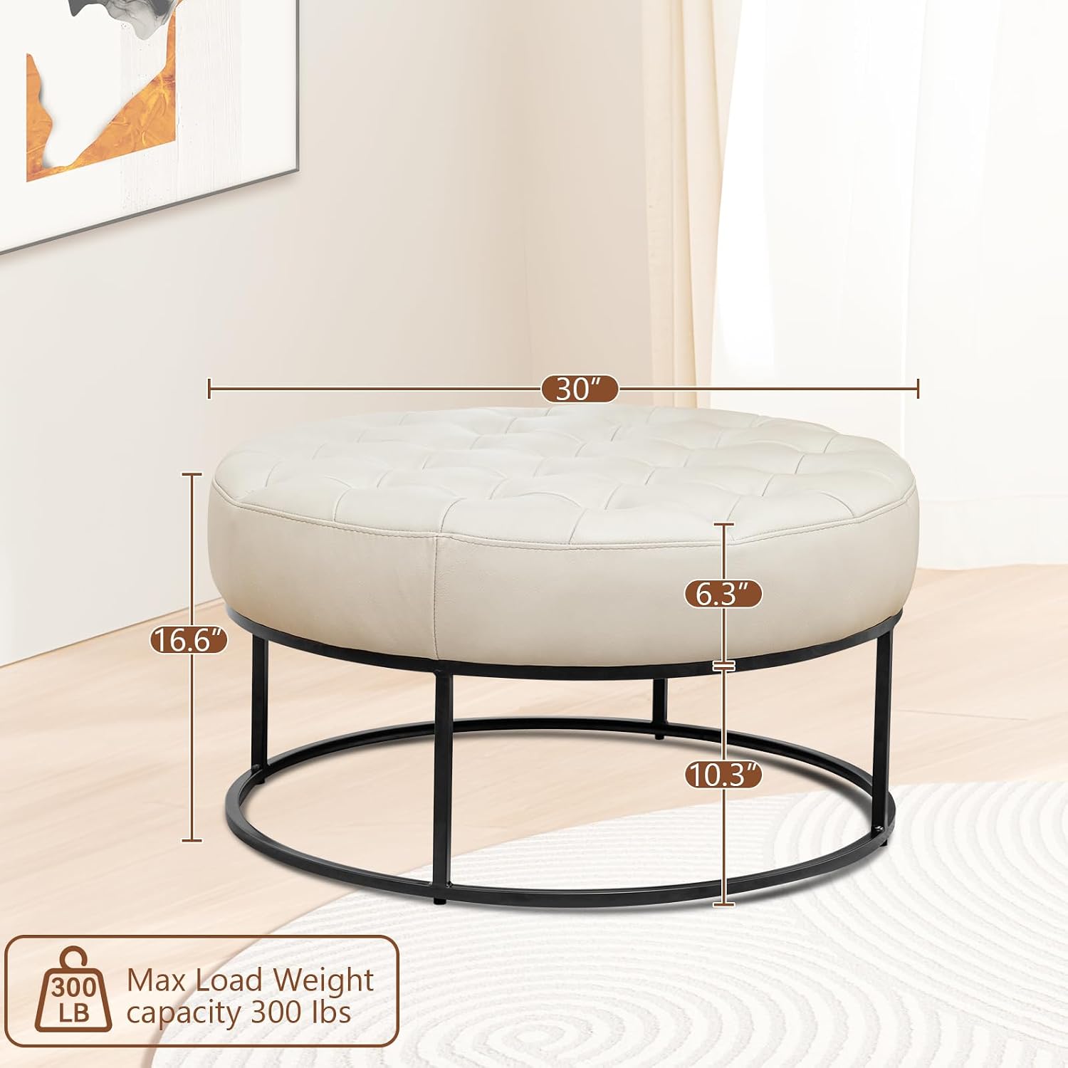 Beige Leather Round Storage Ottoman