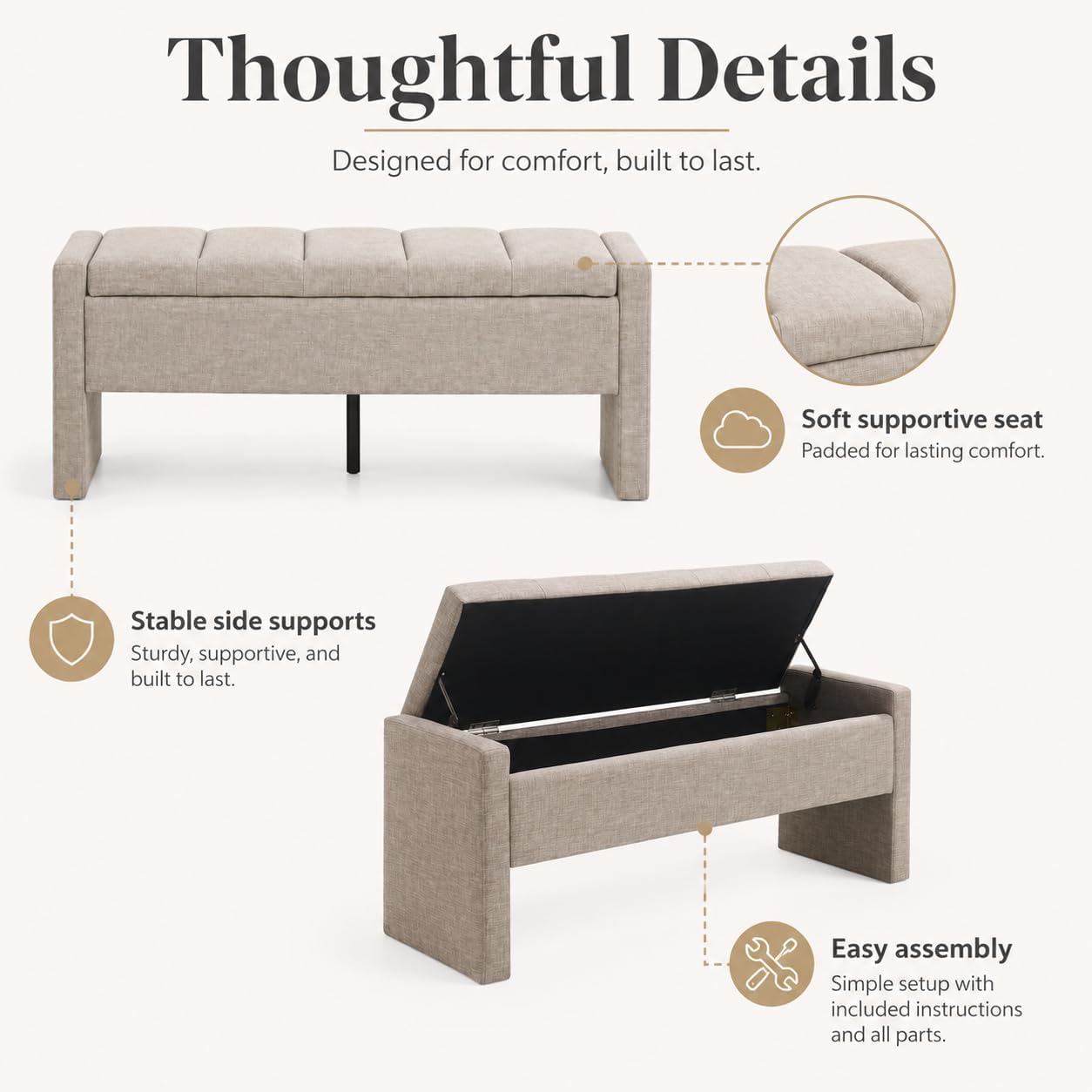 Grey Brown Linen Storage Ottoman Bench