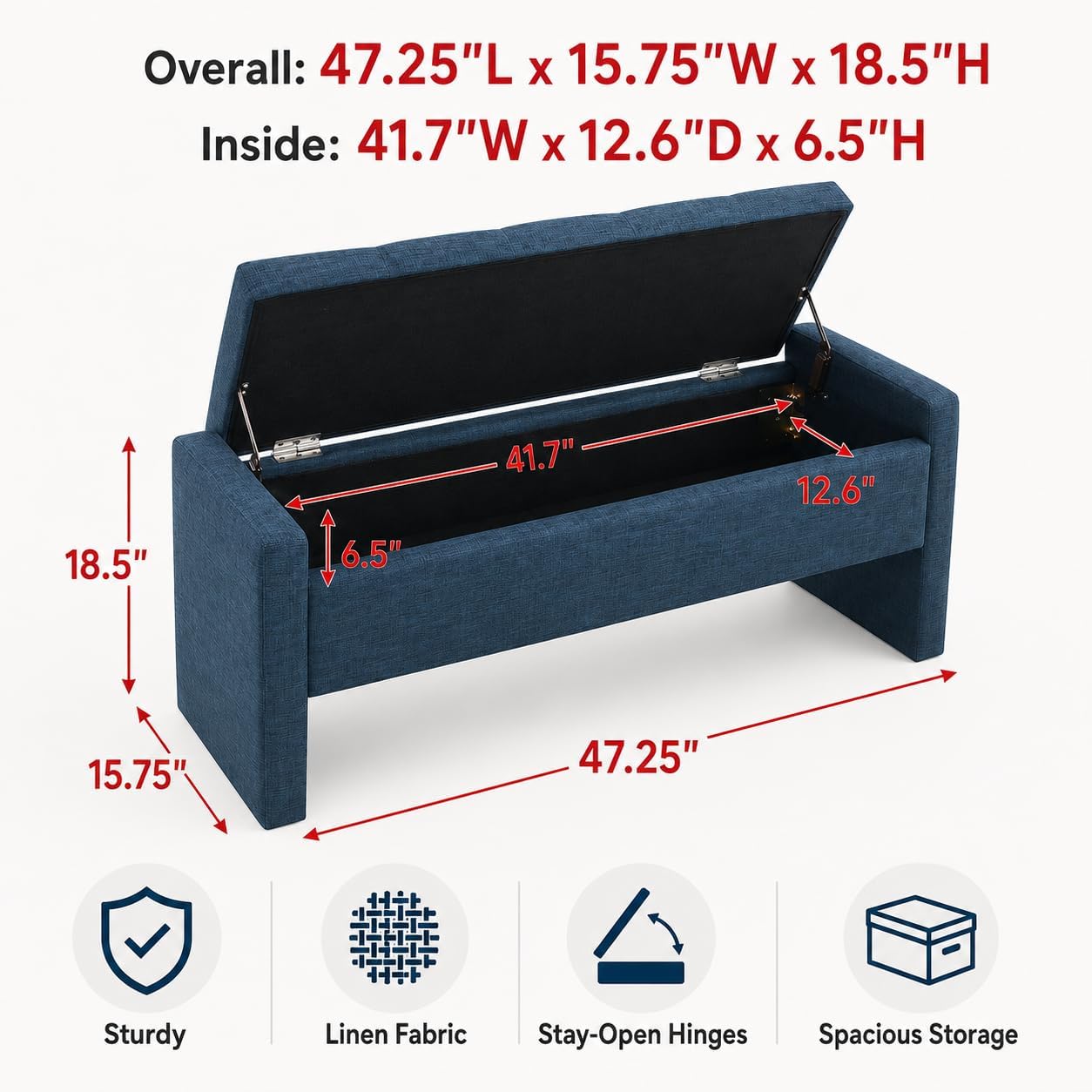 Blue Linen Storage Ottoman Bench