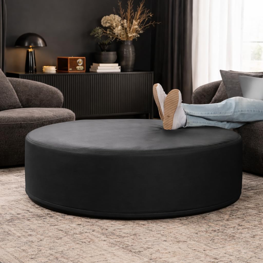 Black Round Candler Leather Storage Ottoman
