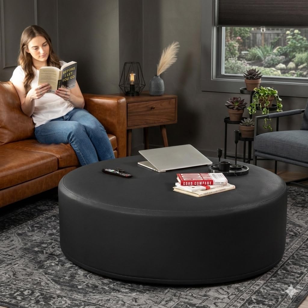 Black Round Candler Leather Storage Ottoman