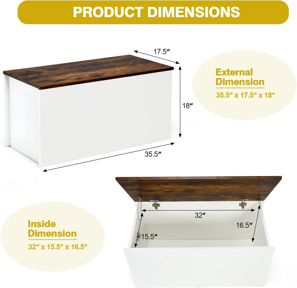 Rustic Brown White Pneumatic Rod Toy Storage Chest Bench