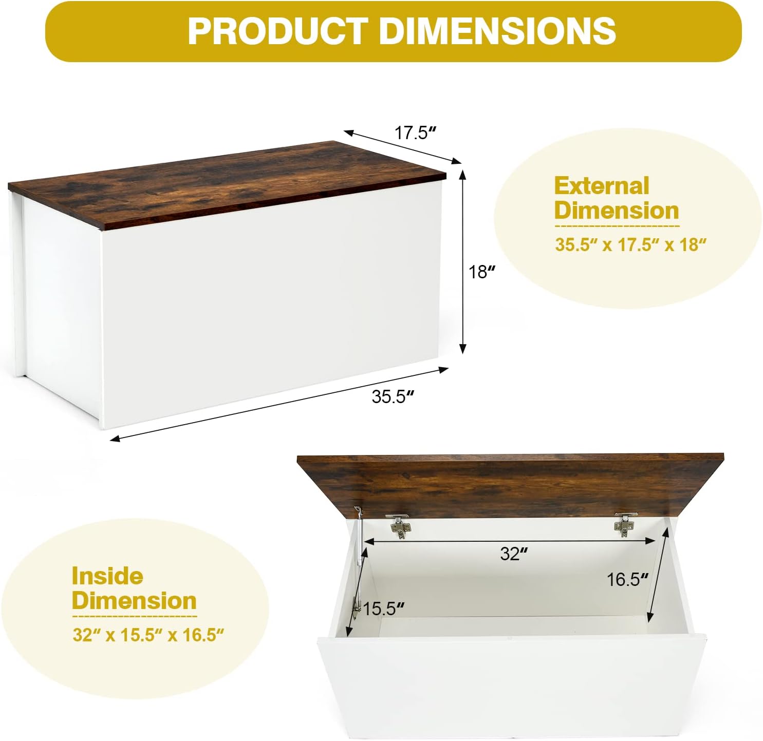 Rustic Brown White Pneumatic Rod Toy Storage Chest Bench