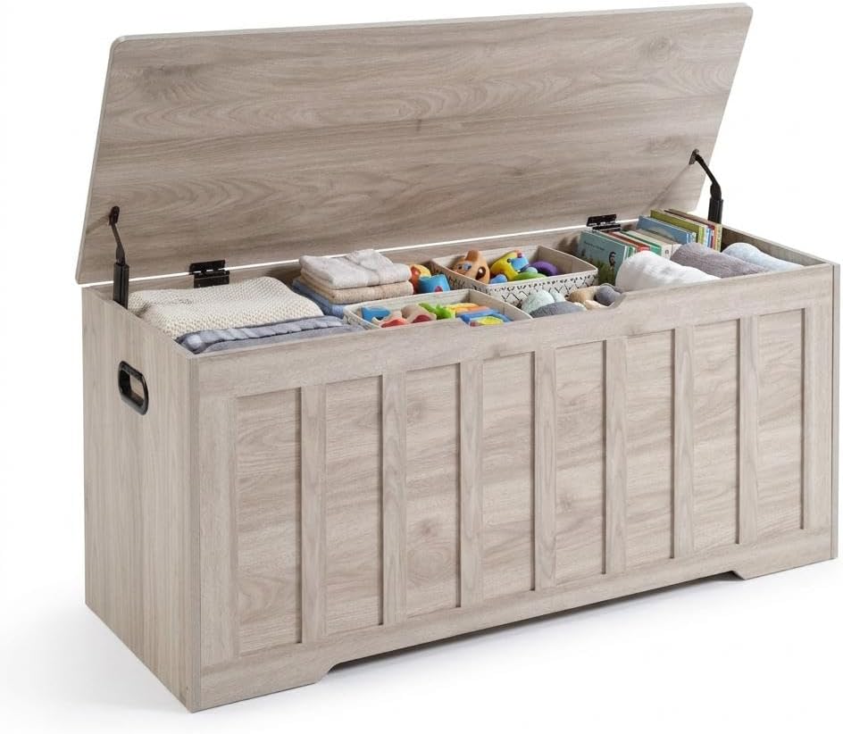 Grey Farmhouse Large Safety Hinge Storage Chest Bench