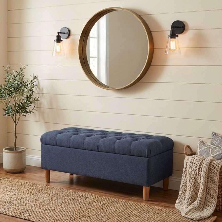 Blue Woven Ainsley Tufted Storage Bench