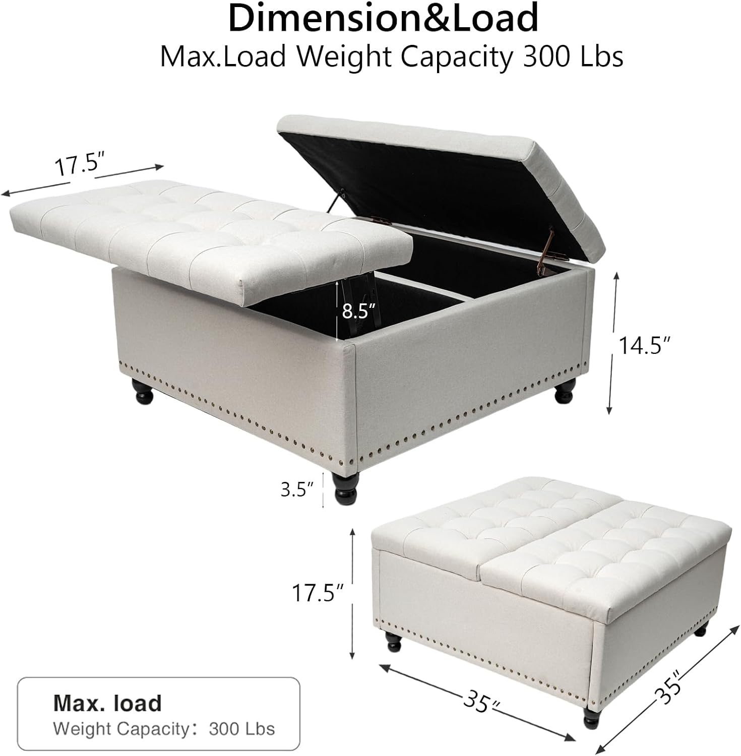 Beige Lift Top Square Storage Ottoman