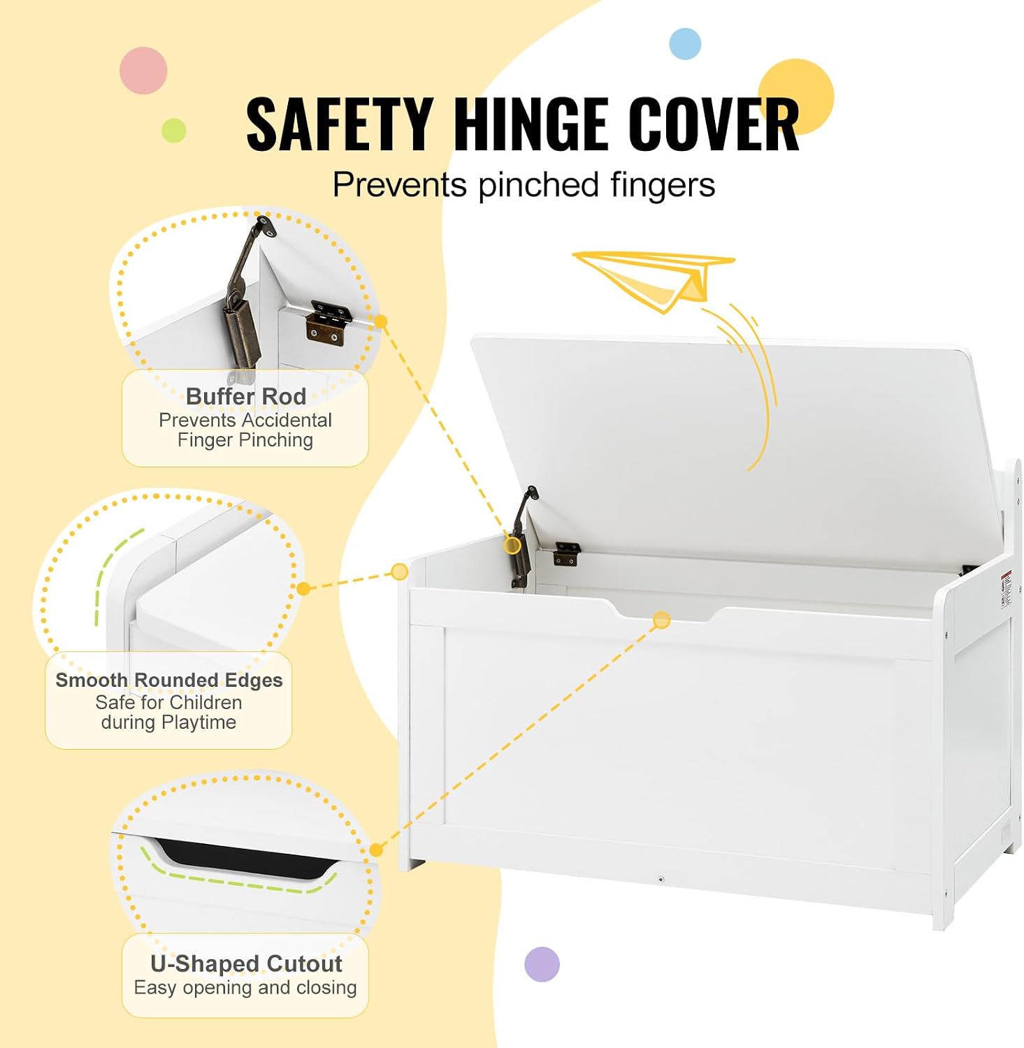 White Kids Safety Hinge Wooden Toy Storage Chest Bench