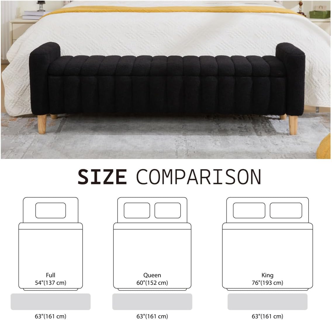 Black Wave Tufted Arm Storage Ottoman Bench