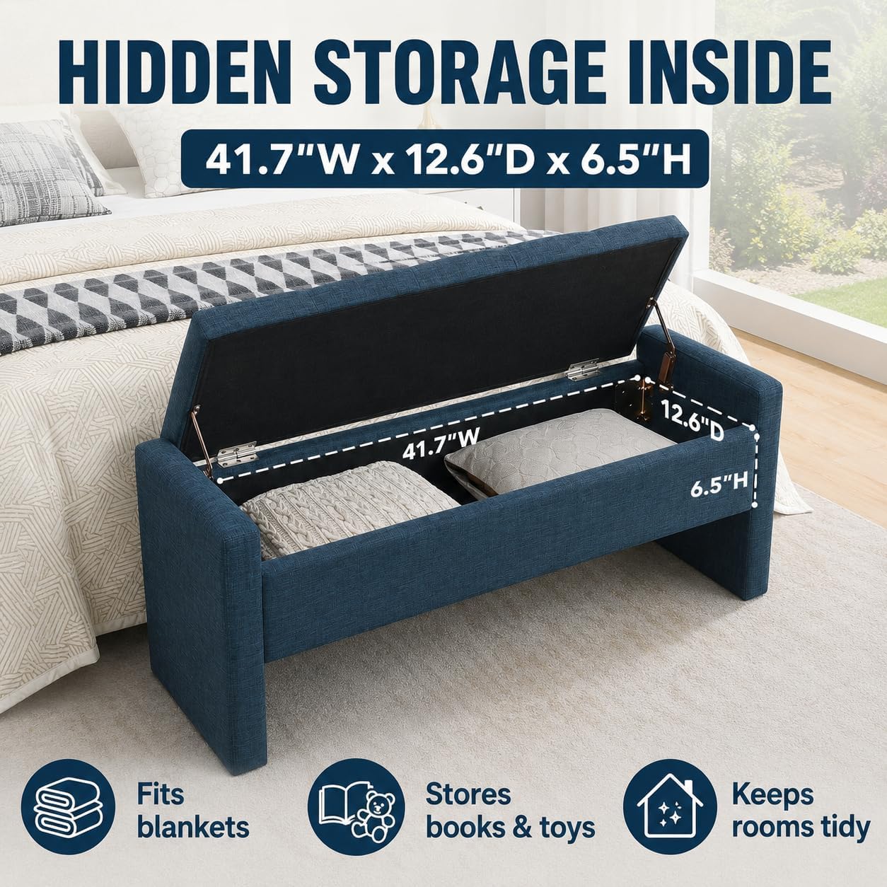 Blue Linen Storage Ottoman Bench