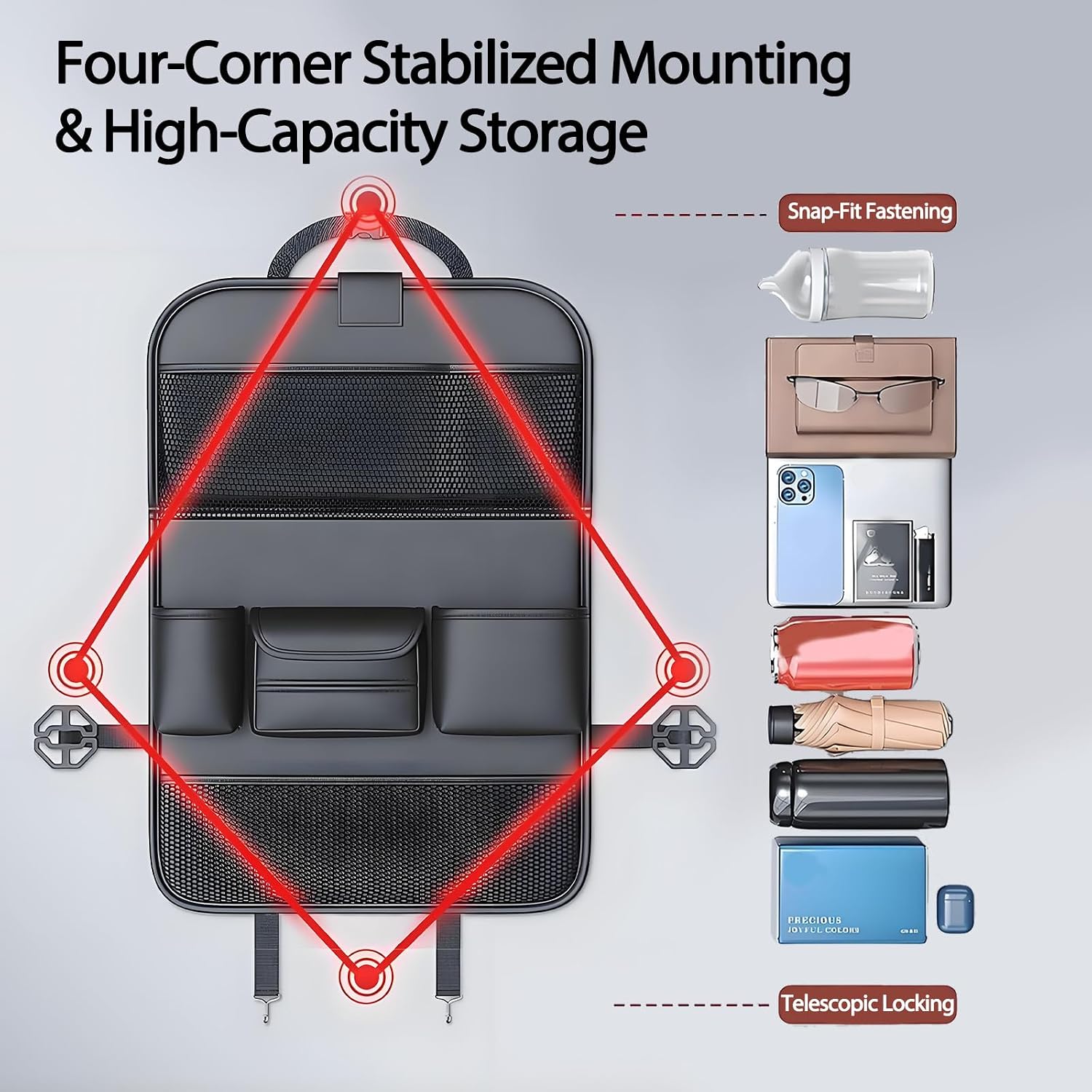 Black Leather Foldable Car Backseat Organizer with Table Tray