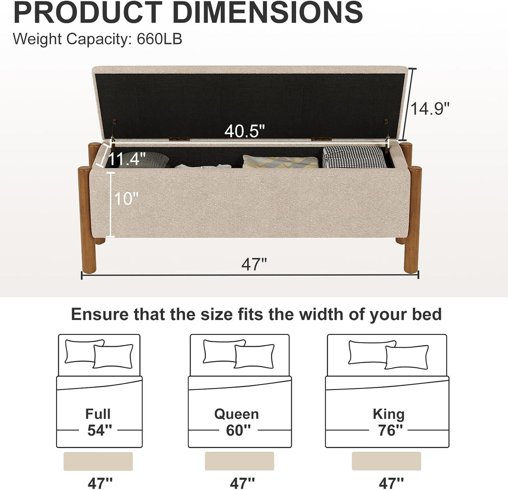 Beige Boucle Heavy Duty Storage Ottoman Bench