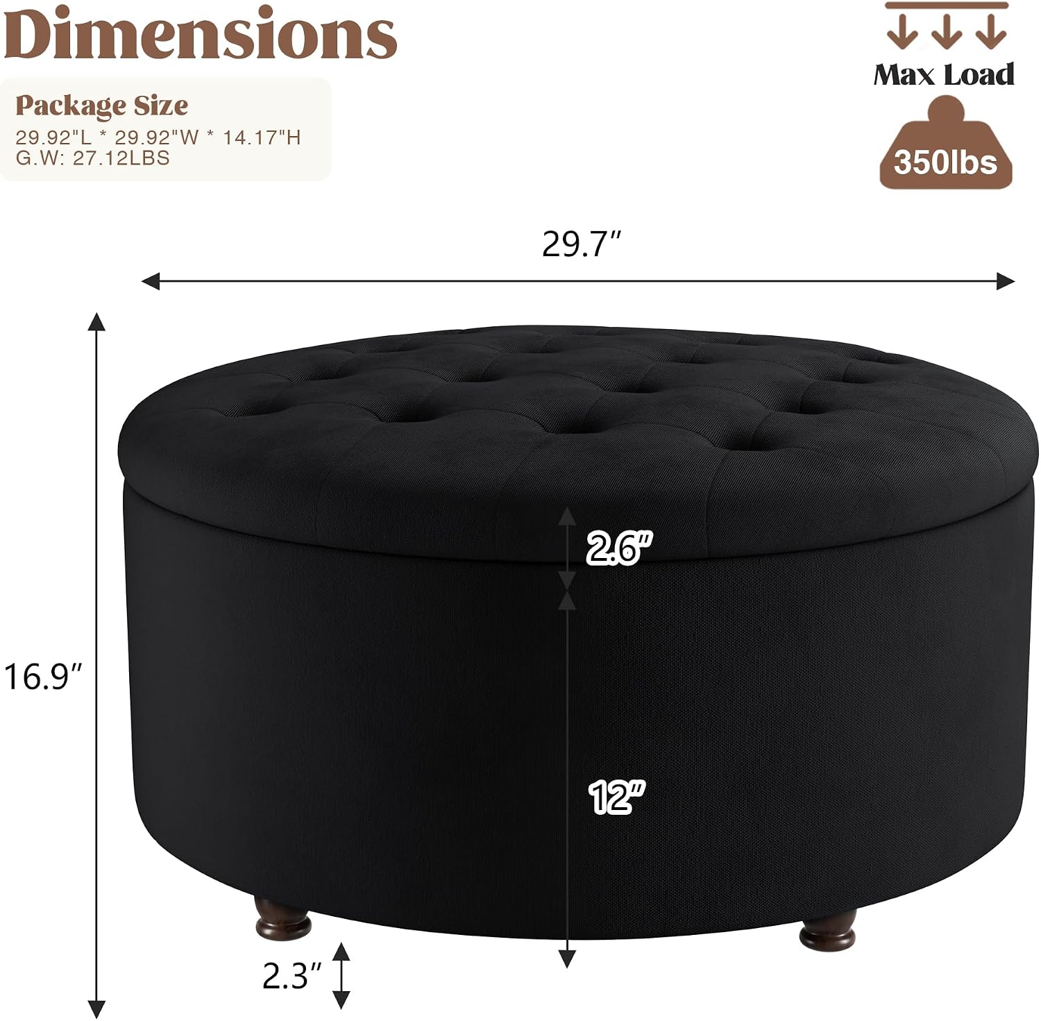 Black Round Tufted Storage Ottoman