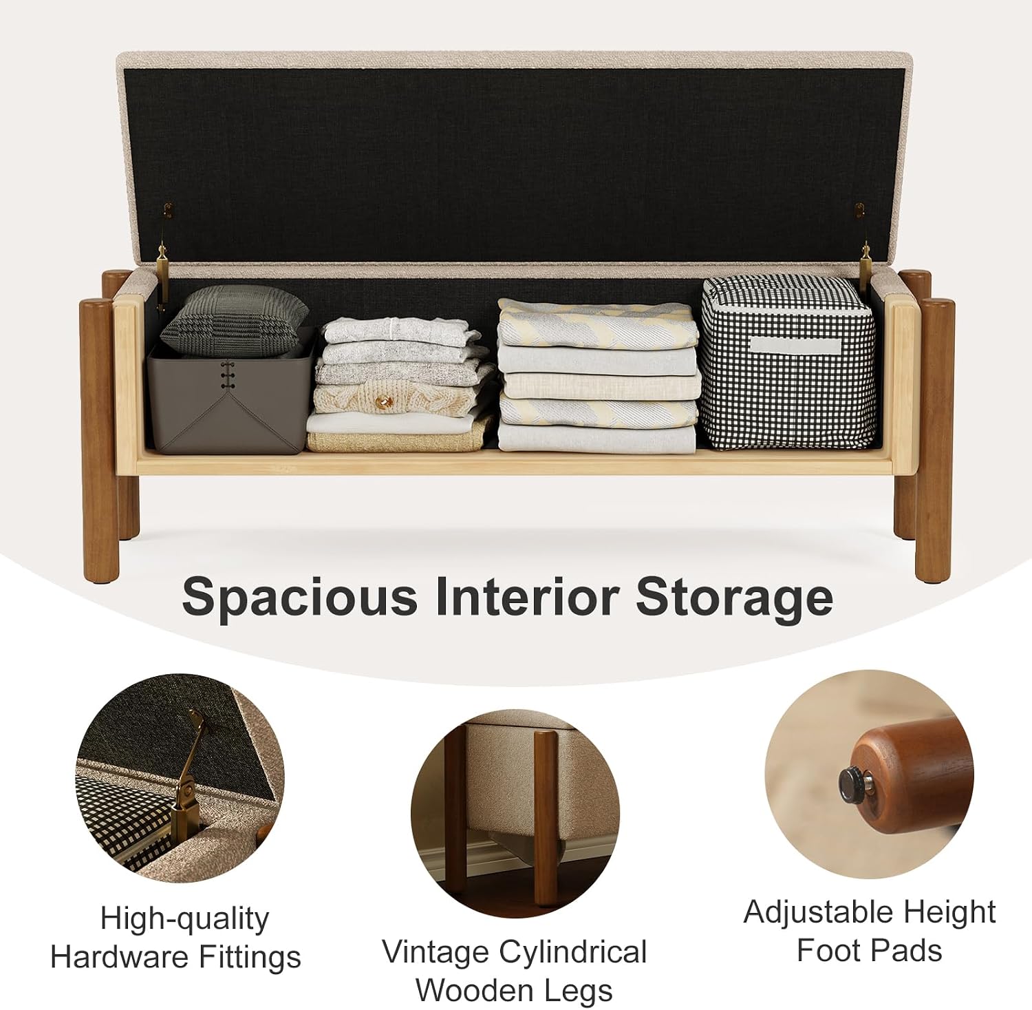 Beige Boucle Heavy Duty Storage Ottoman Bench