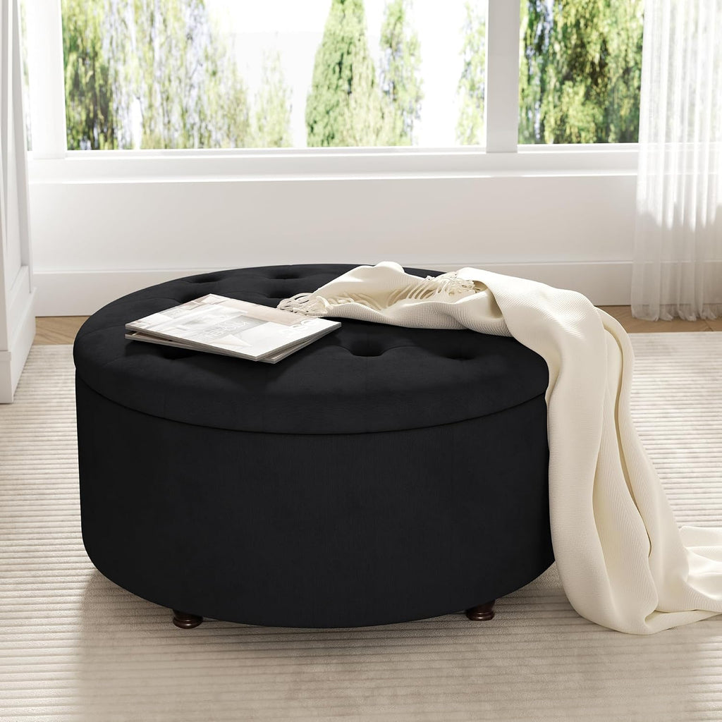 Black Round Tufted Storage Ottoman
