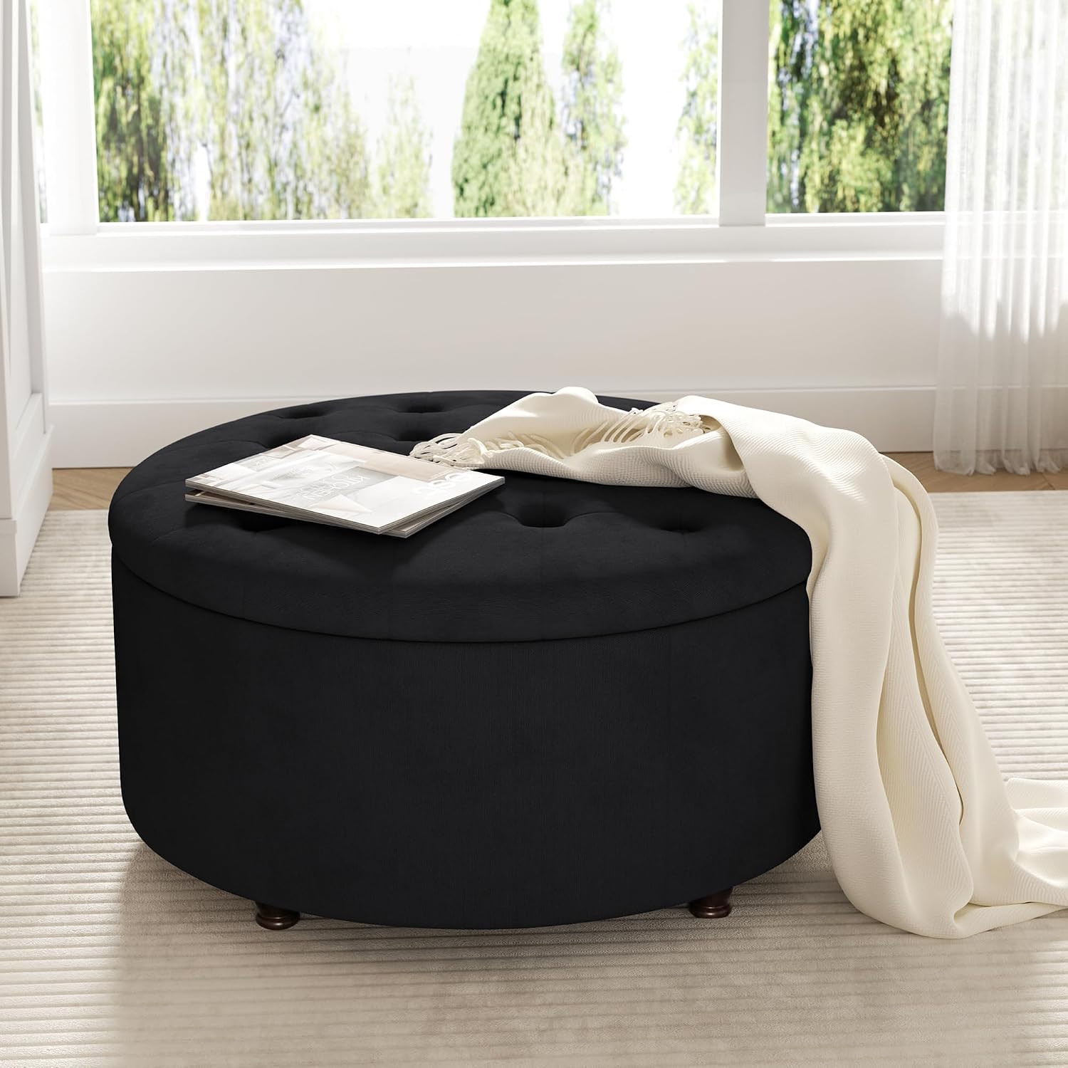 Black Round Tufted Storage Ottoman