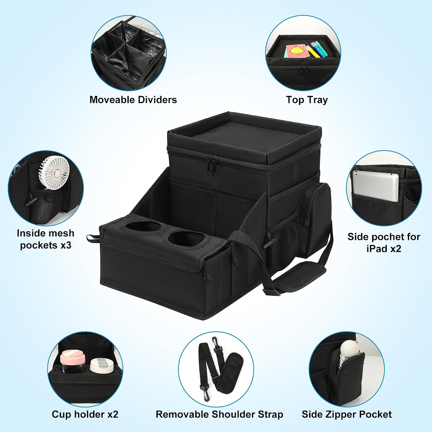 Black Cooler Compartment Car Seat Organizer with Cup Holders