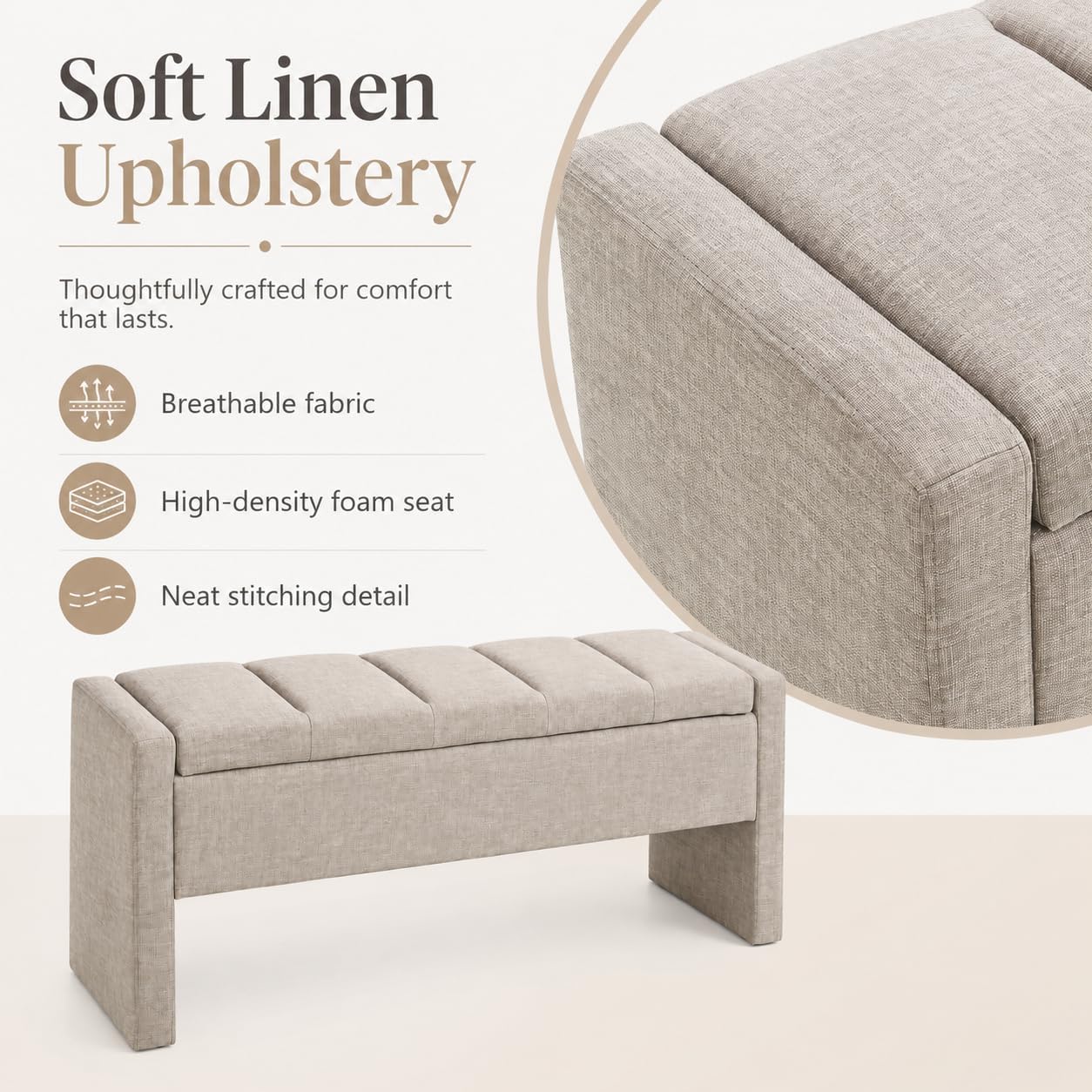 Grey Brown Linen Storage Ottoman Bench