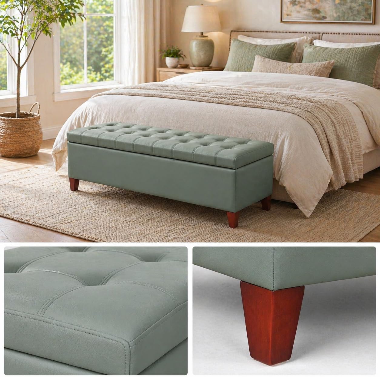 Light Green Faux Leather Storage Ottoman Bench