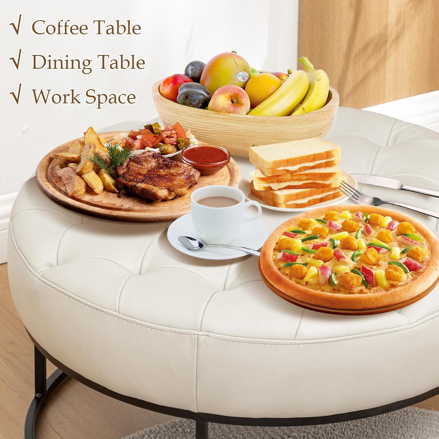 Beige Leather Round Storage Ottoman