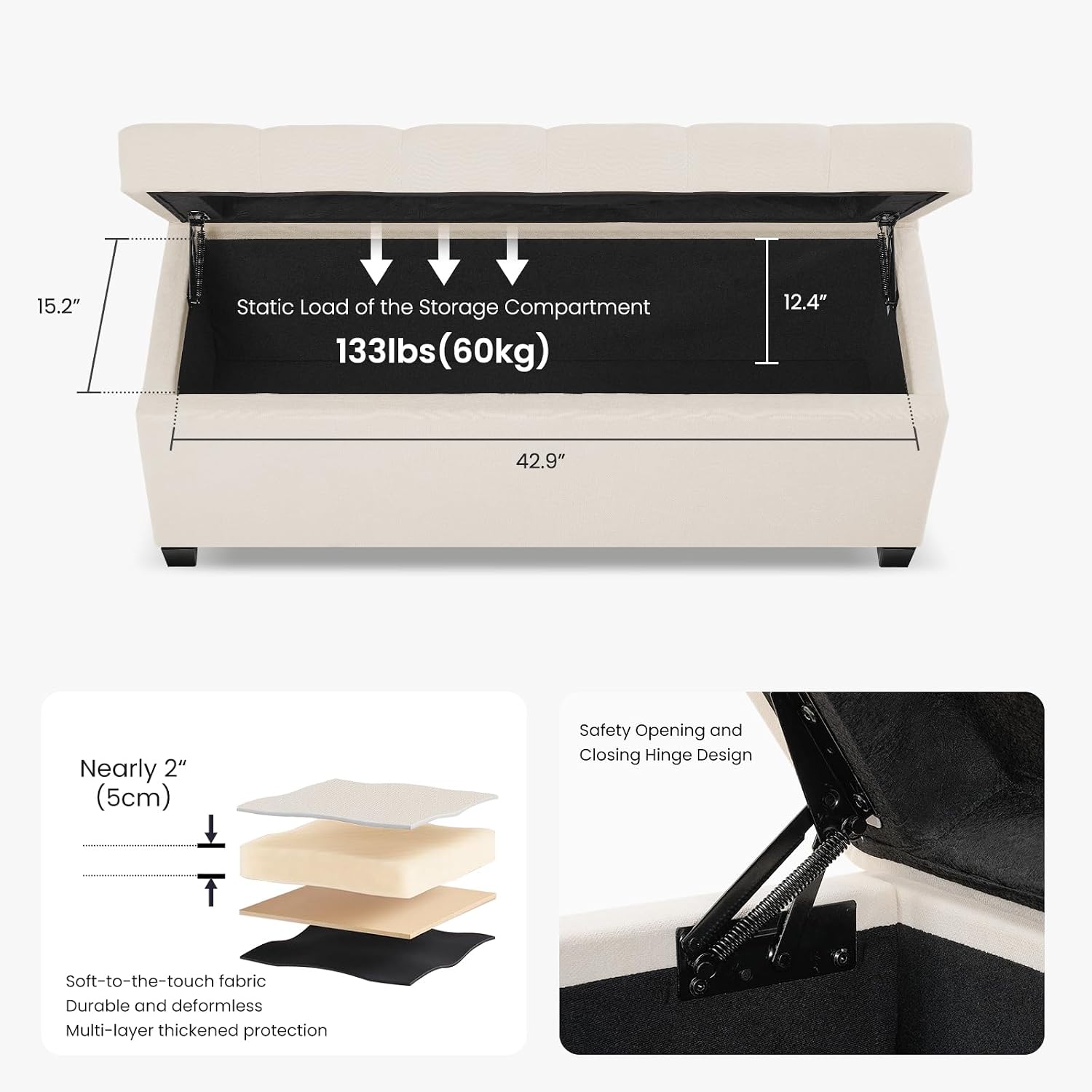 Ivory Tufted Safety Hinge Storage Ottoman Bench