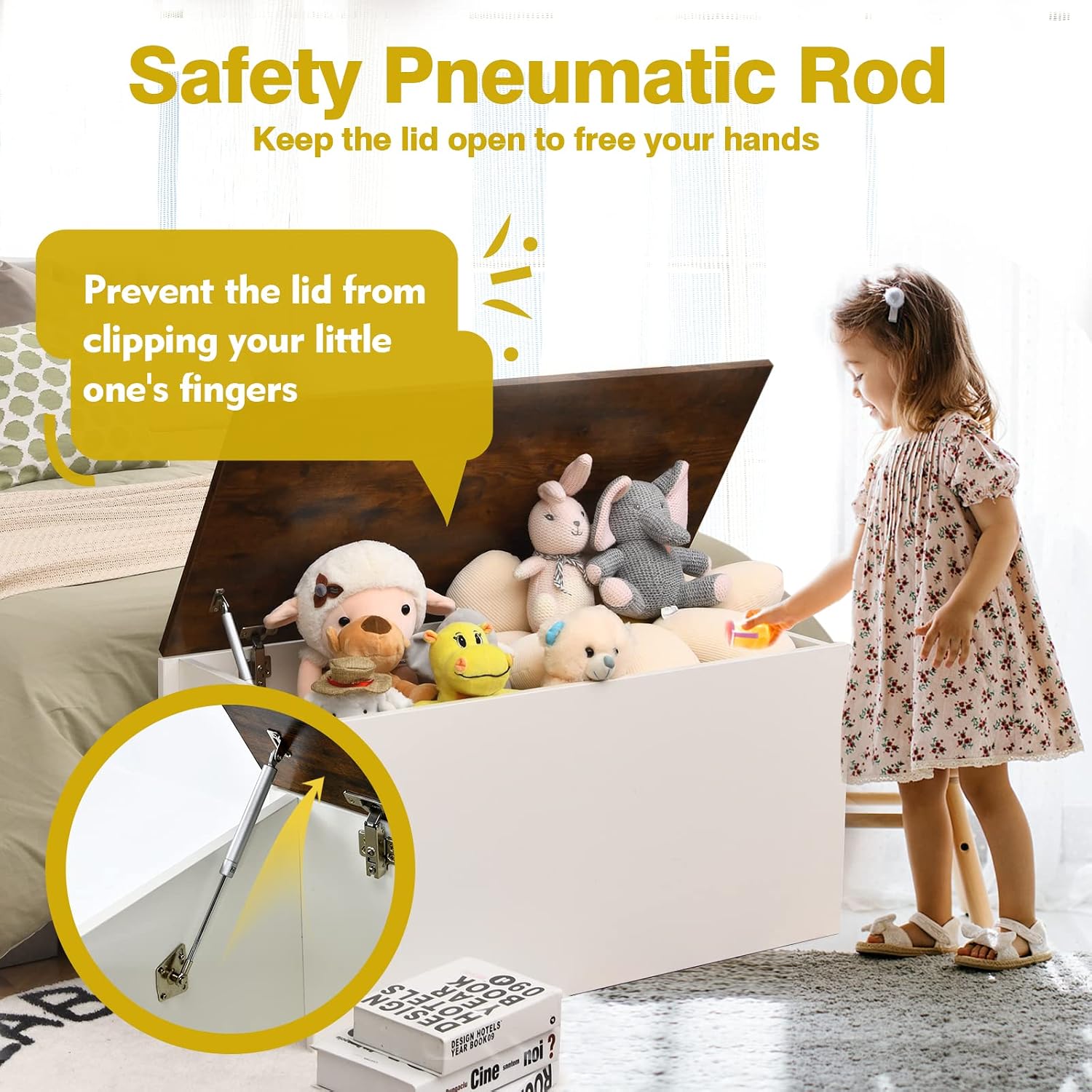 Rustic Brown White Pneumatic Rod Toy Storage Chest Bench