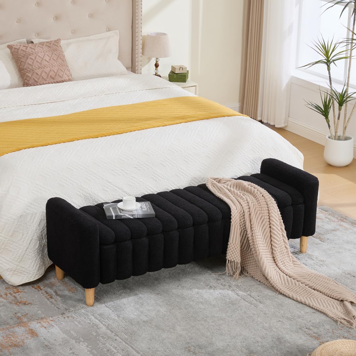 Black Wave Tufted Arm Storage Ottoman Bench