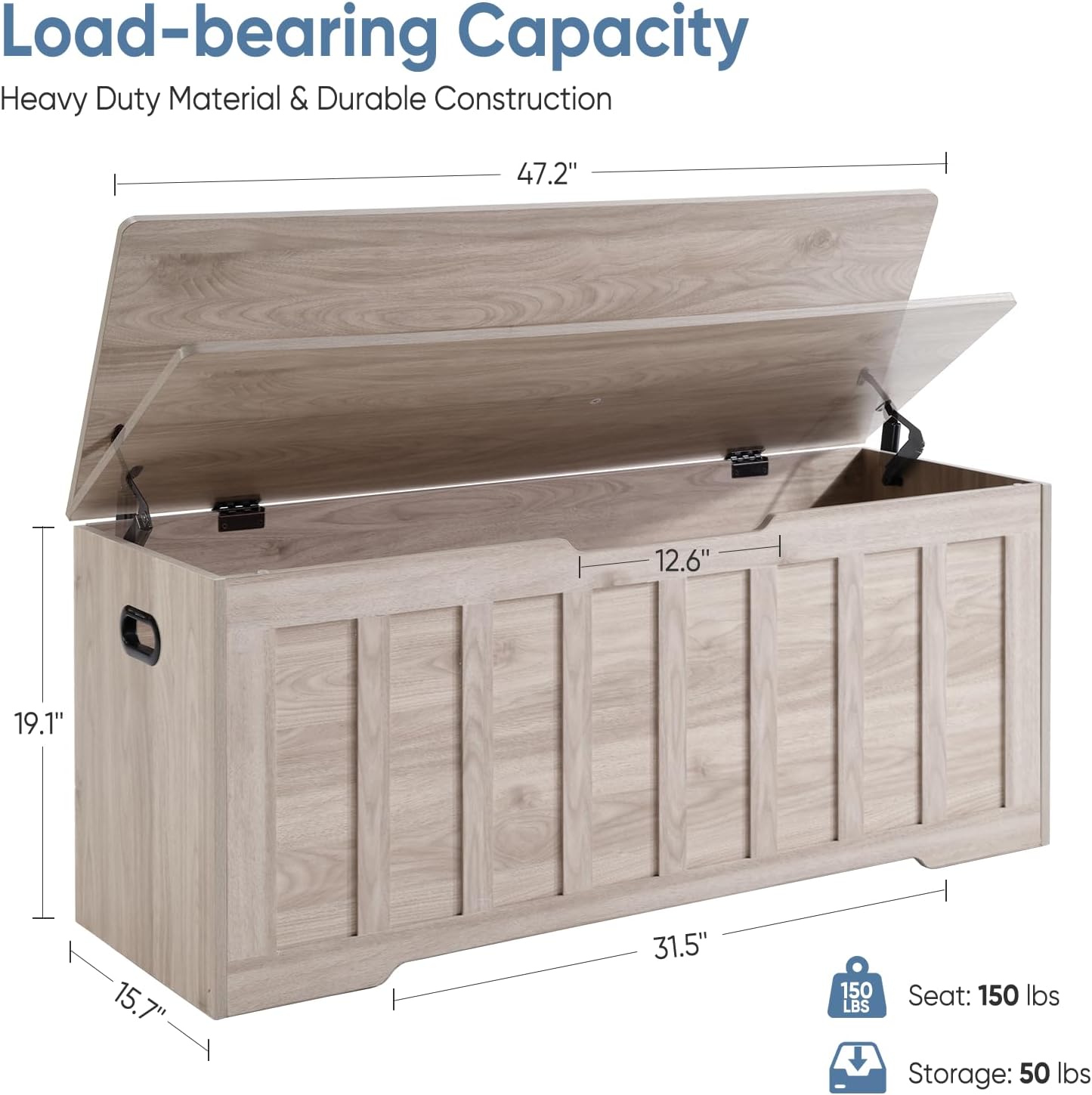 Grey Farmhouse Large Safety Hinge Storage Chest Bench