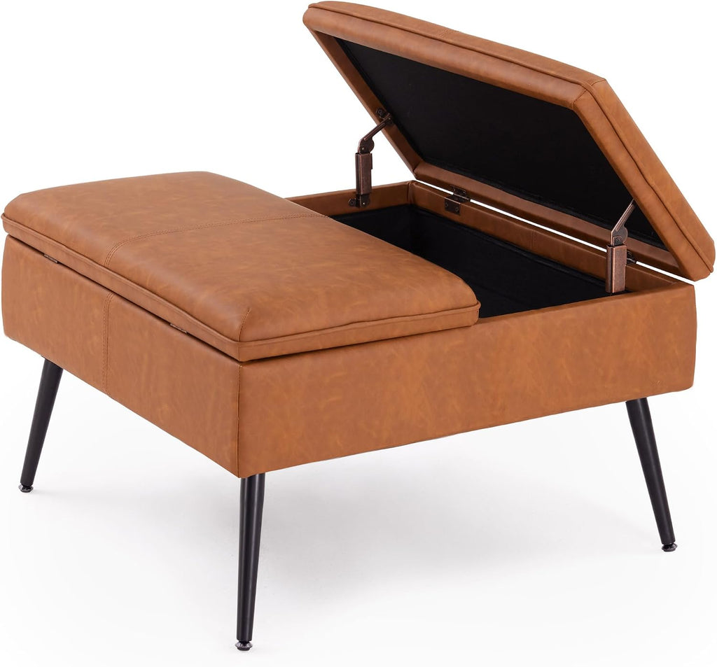 Cognac Brown Flip Top Storage Ottoman