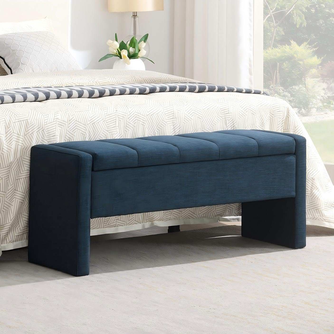 Blue Linen Storage Ottoman Bench