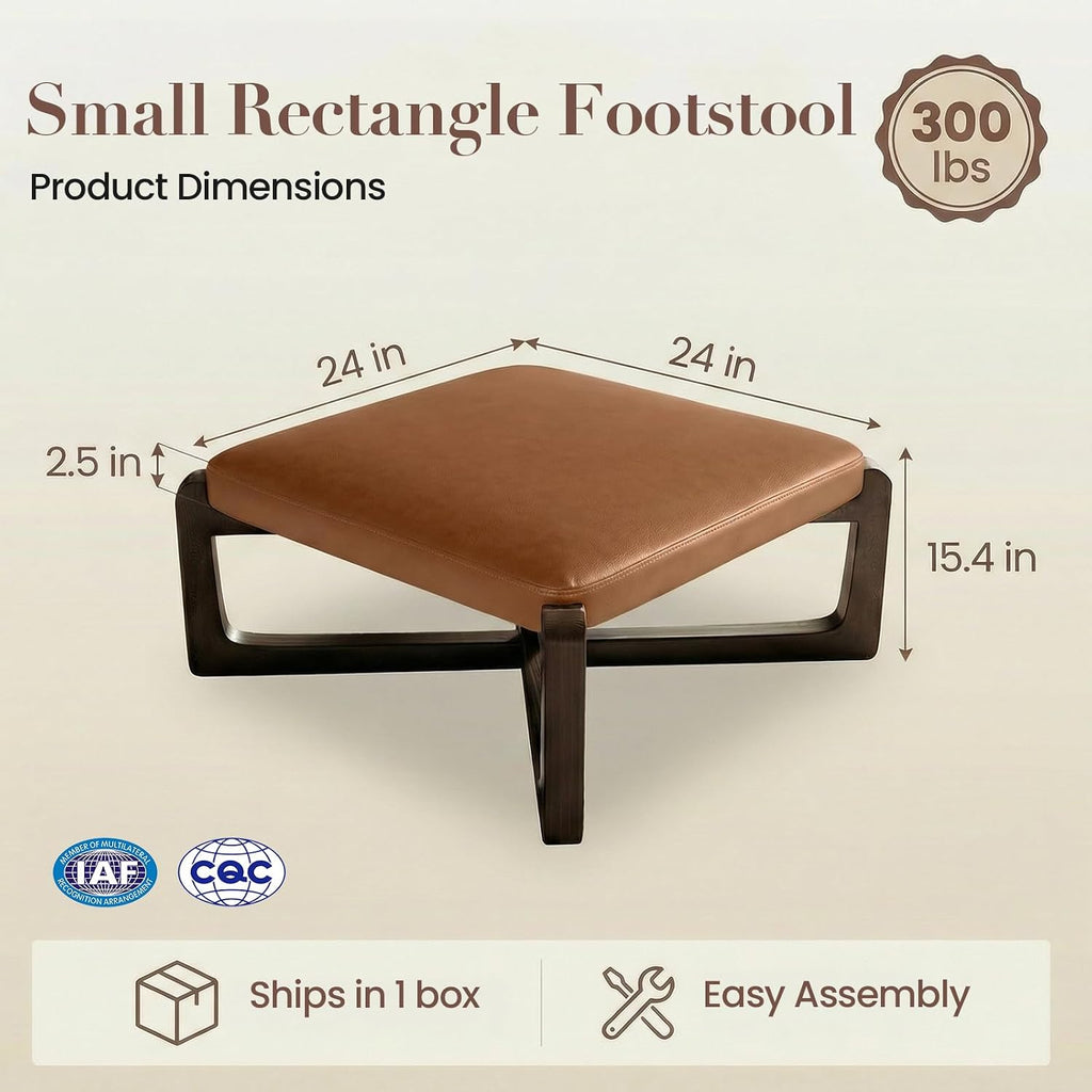 Brown Wood Leather Square Storage Ottoman
