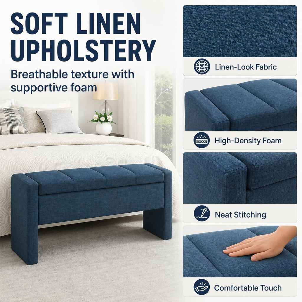 Blue Linen Storage Ottoman Bench