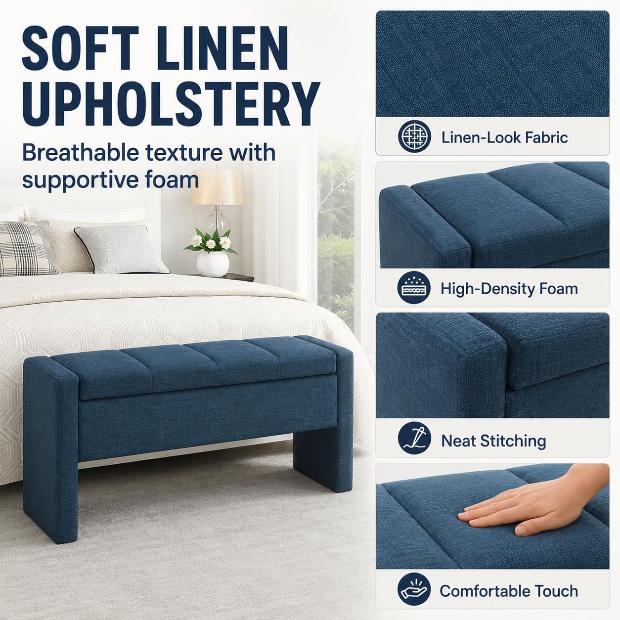 Blue Linen Storage Ottoman Bench