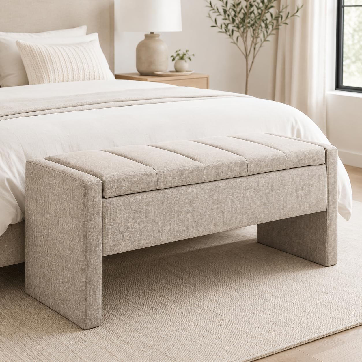 Grey Brown Linen Storage Ottoman Bench