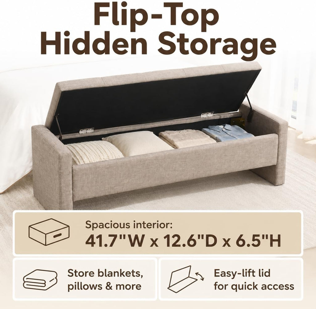 Grey Brown Linen Storage Ottoman Bench