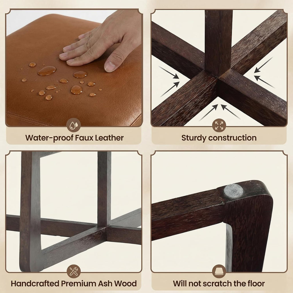 Brown Wood Leather Square Storage Ottoman