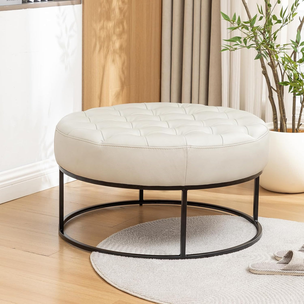 Beige Leather Round Storage Ottoman
