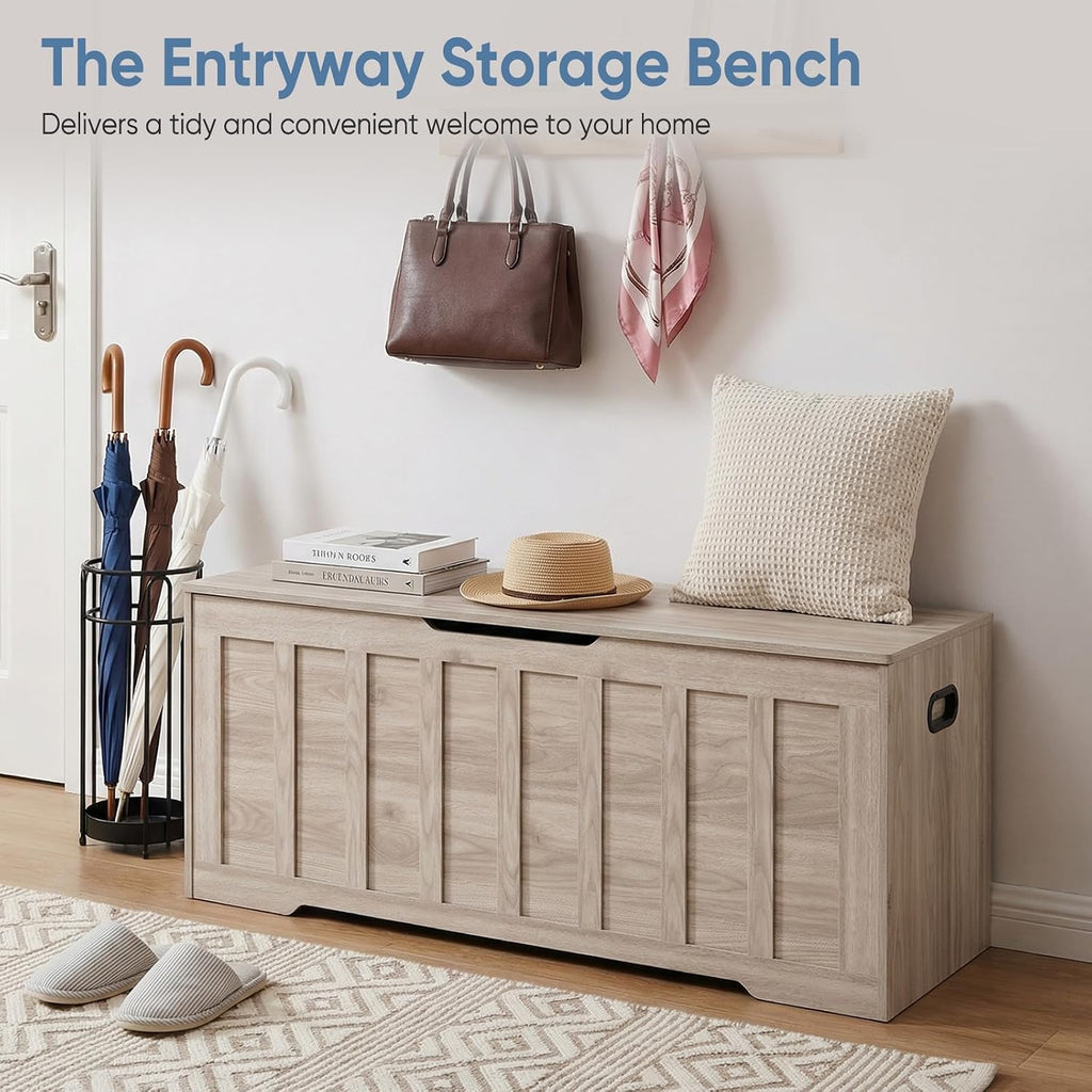 Grey Farmhouse Large Safety Hinge Storage Chest Bench
