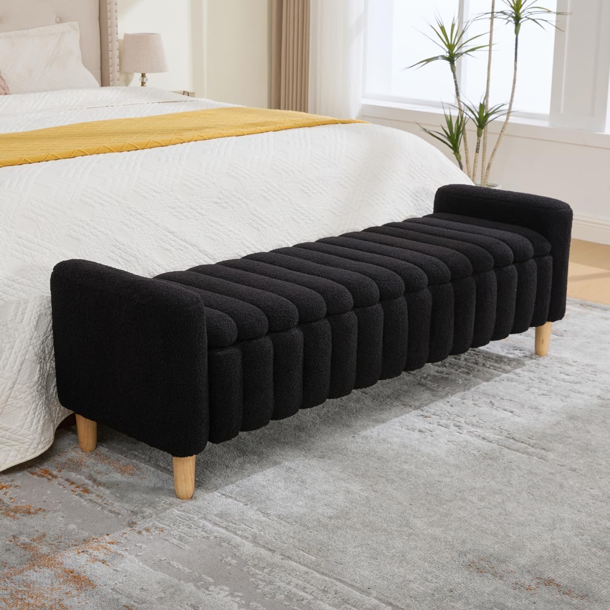 Black Wave Tufted Arm Storage Ottoman Bench