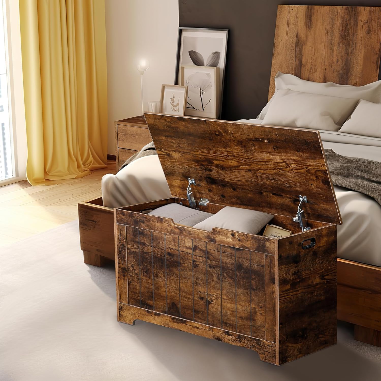 Rustic Brown Wooden Safety Hinge Storage Chest