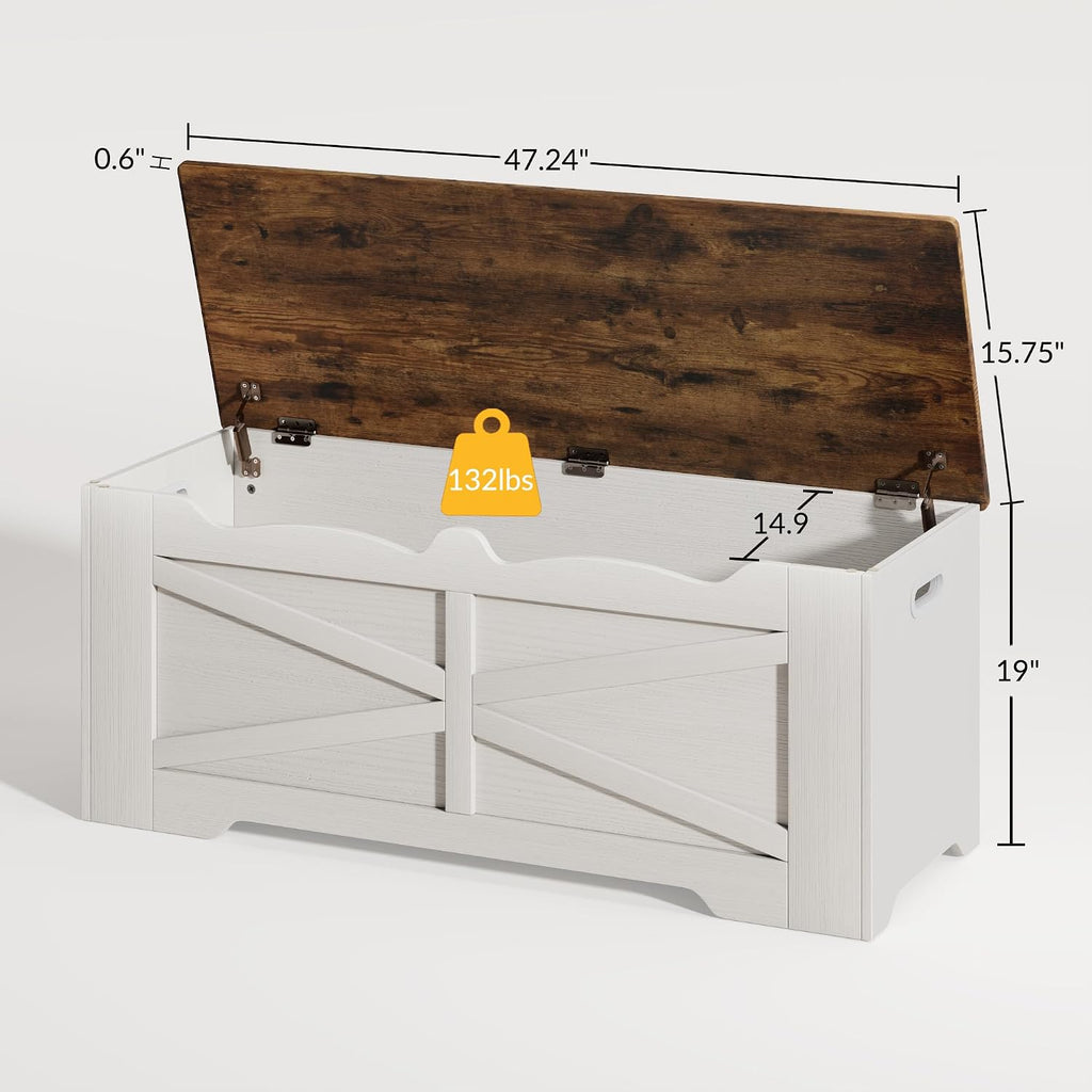 White Walnut Heavy Duty Safety Hinge Storage Bench