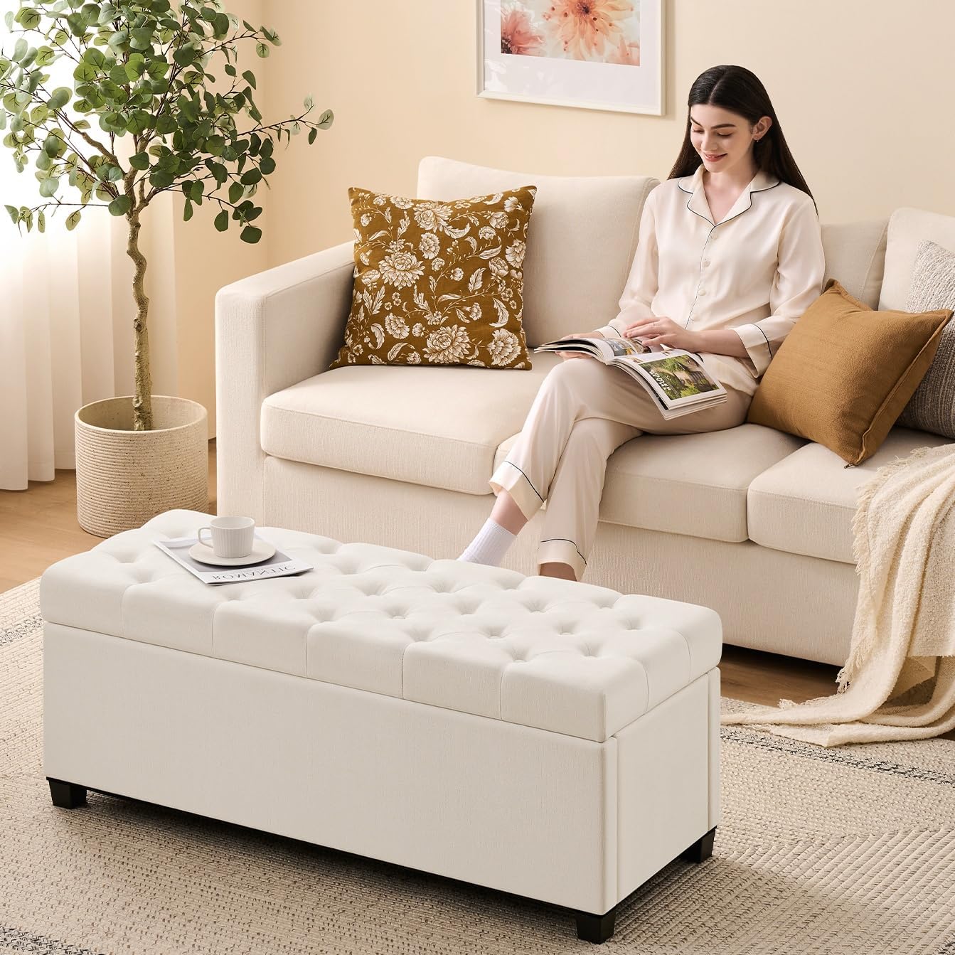 Ivory Tufted Safety Hinge Storage Ottoman Bench