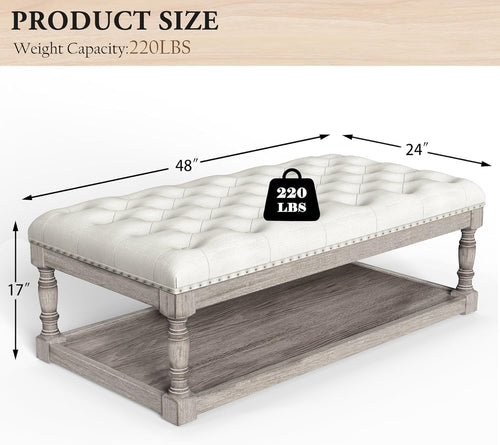Beige Linen Rectangular Storage Ottoman