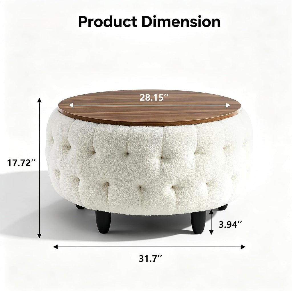 White Teddy Fabric Round Storage Ottoman