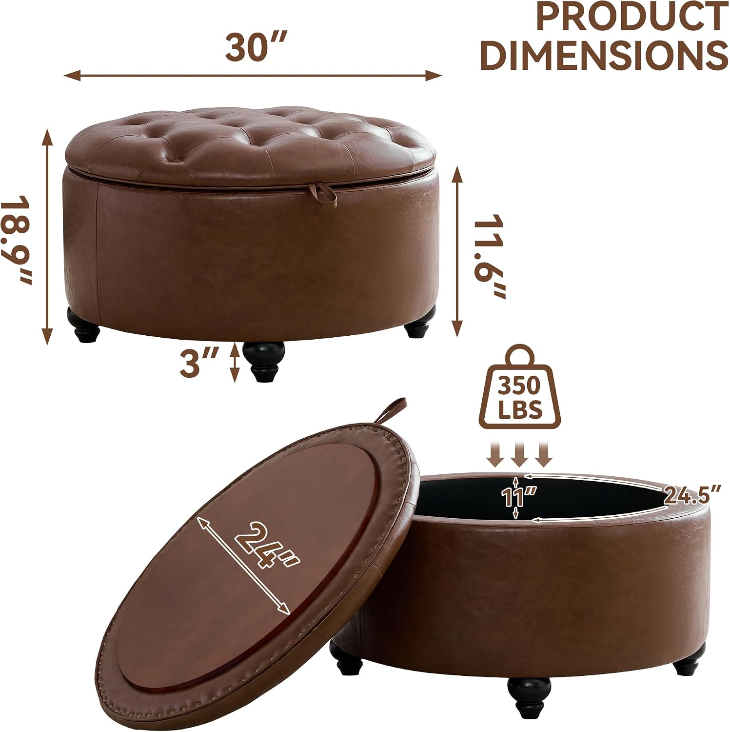 Round Tufted Leather Tray Ottoman