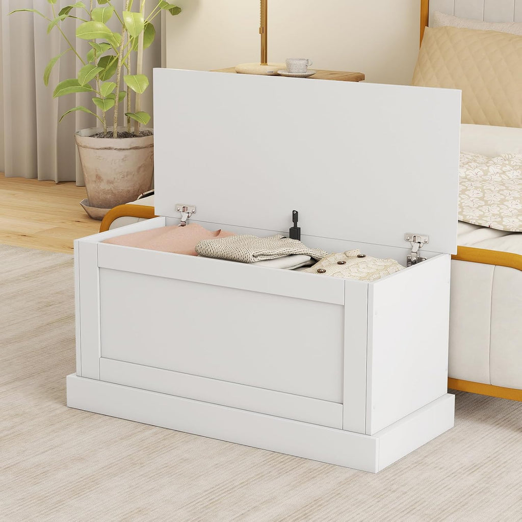 White Hydraulic Safety Wooden Storage Chest Bench
