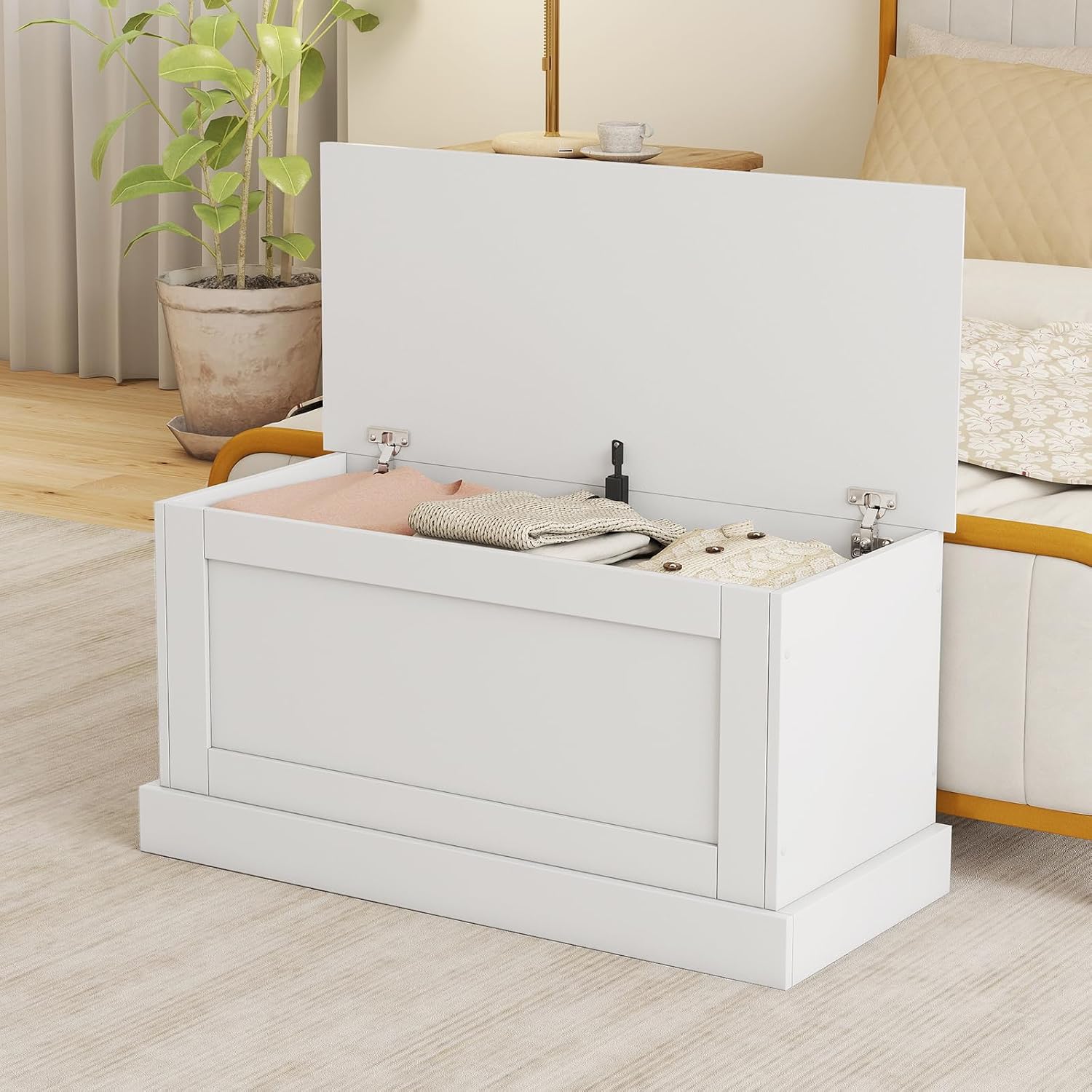 White Hydraulic Safety Wooden Storage Chest Bench