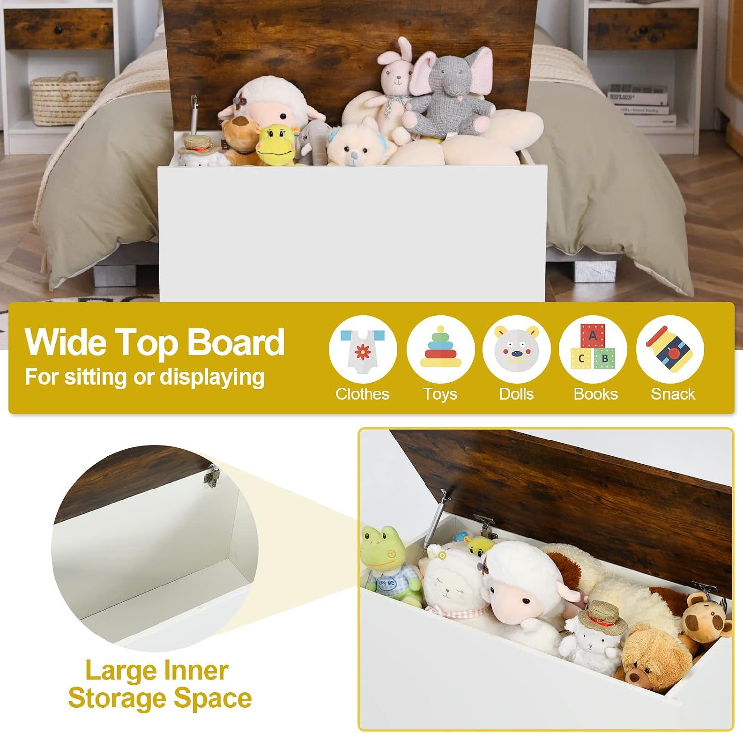 Rustic Brown White Pneumatic Rod Toy Storage Chest Bench