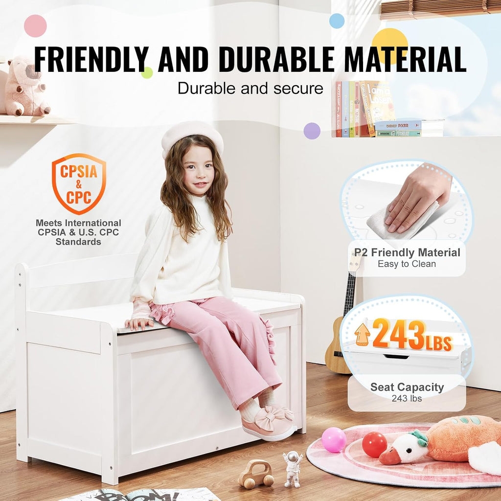 White Kids Safety Hinge Wooden Toy Storage Chest Bench